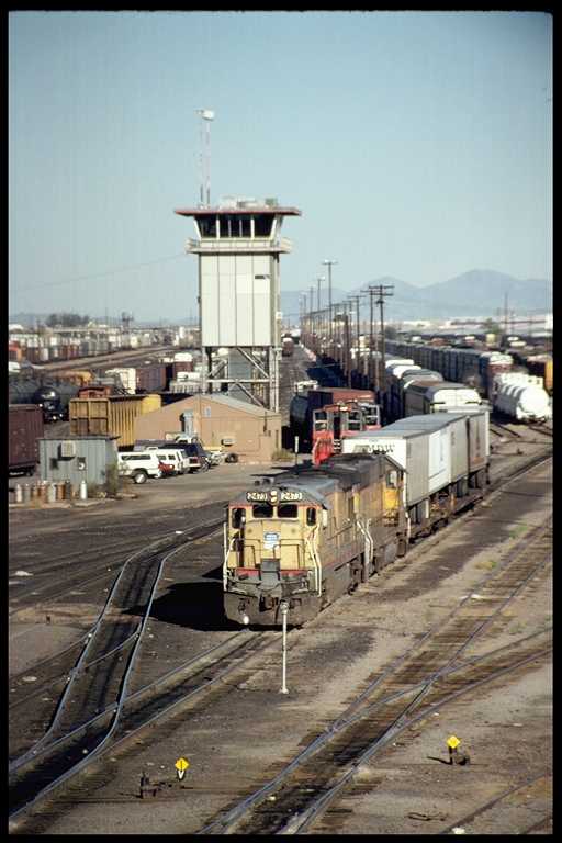 Photo of Tucson train yard with yard tower.