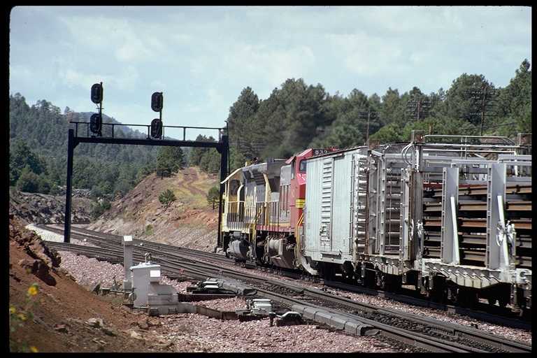 Train carrying long lengths of welded rail.  Rail is flexible enough to bend as train goes around curves.