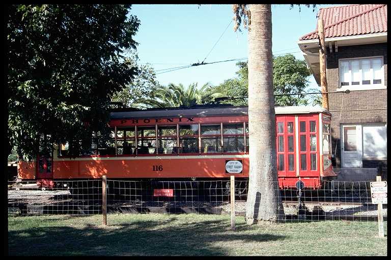 Trolley #116 outside car barn at Phoenix Trolley Museum.